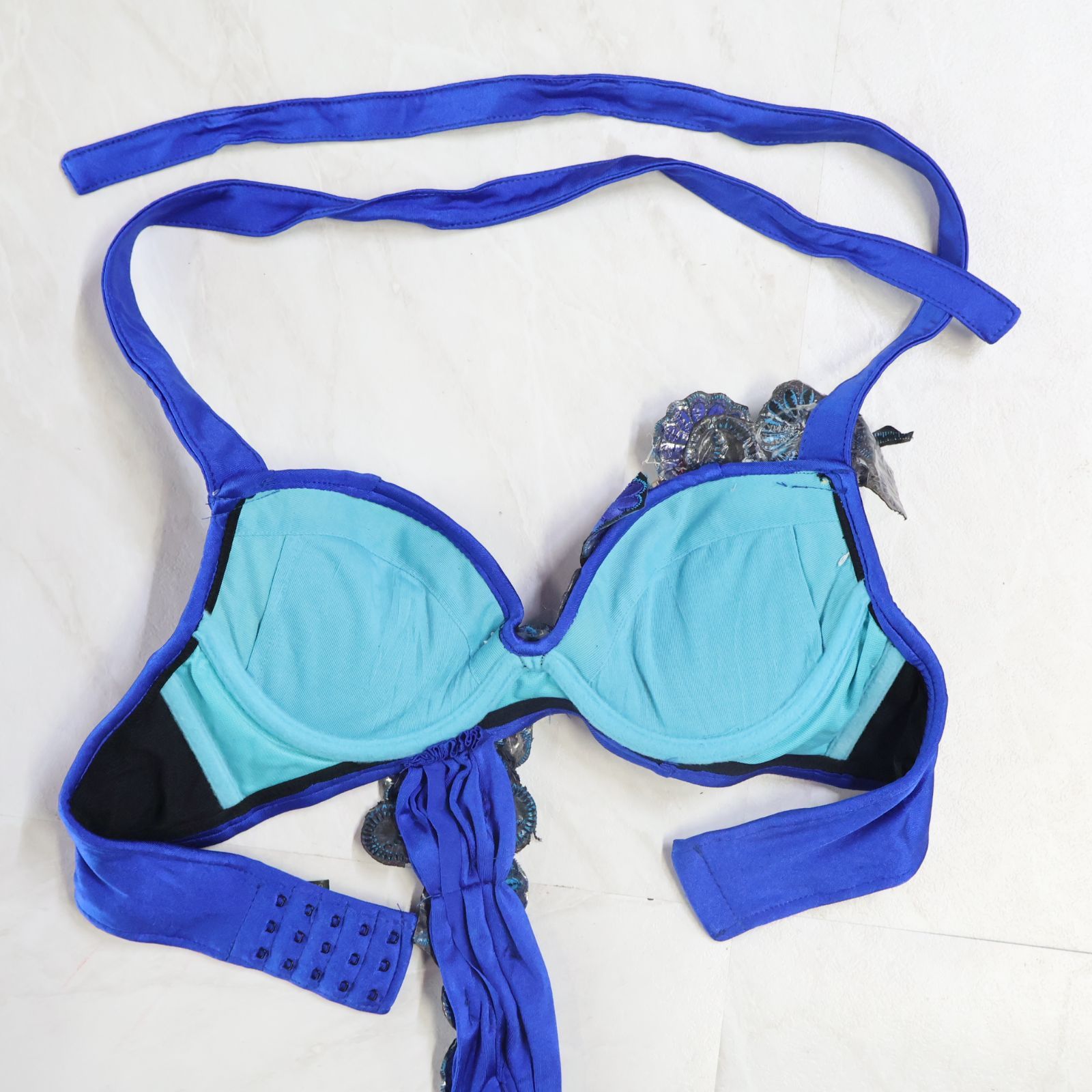 ベリーダンス用 オリエンタル衣装】ブルー ラインストーン 花柄 青