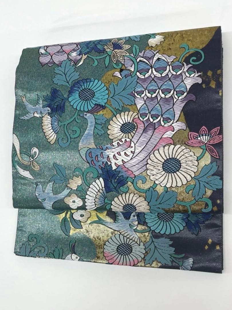 とみや織物 瑞島唐花文 引箔 袋帯 孔雀 鳥 正絹 六通 Q1091