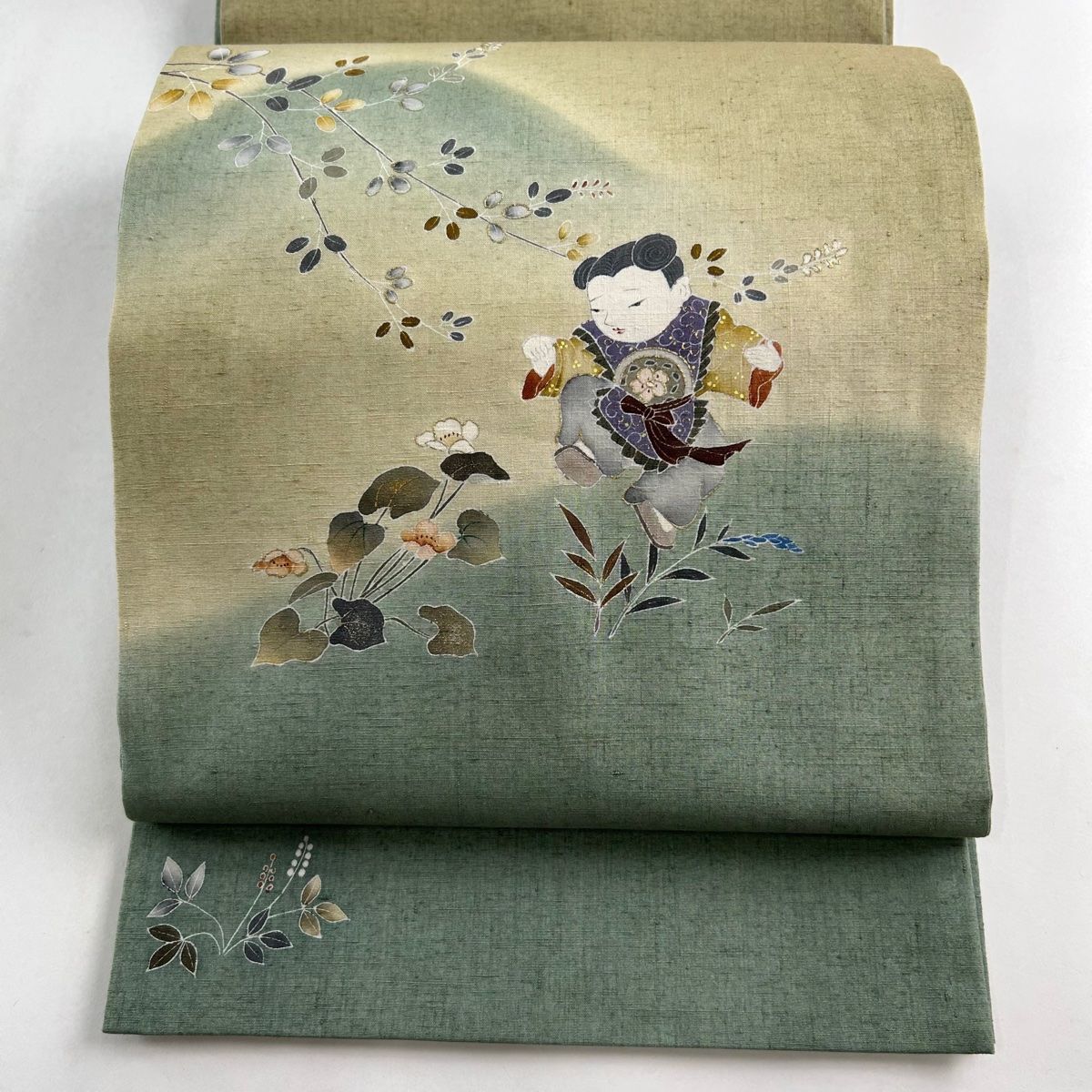 袋帯 秀品 紬地 童 萩 金彩 灰緑 お太鼓柄 正絹 【中古】 - メルカリ