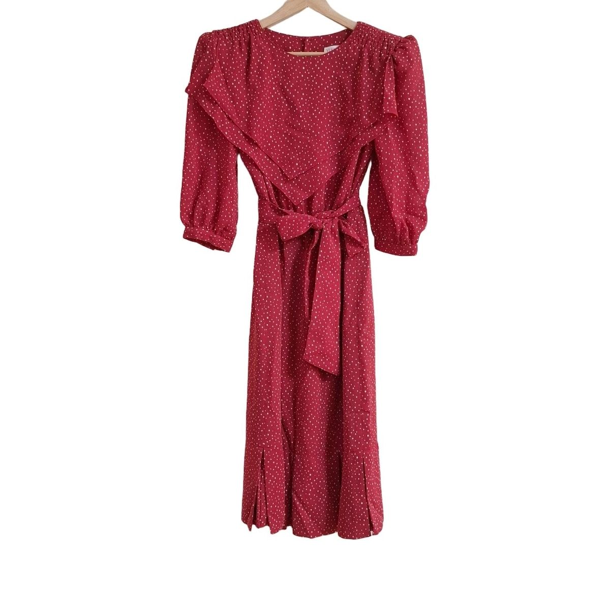YUKITORII ユキトリイ ワンピース レディース レッド×白 七分袖|ロング丈|プリーツ|ドット柄