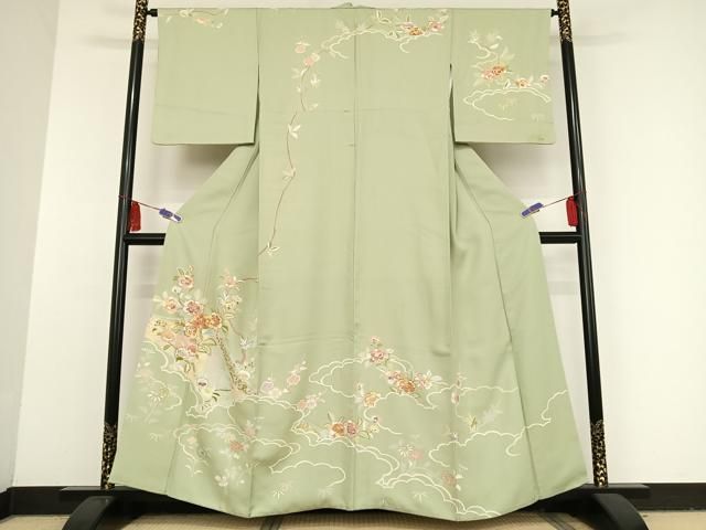 平和屋着物●創業460年・千總　訪問着　刺繍　雲取り草花文　金糸　金彩　正絹　逸品　AAAU0069np 平和屋着物○創業460年・千總 訪問着 刺繍 雲取り草花文 金糸 金彩