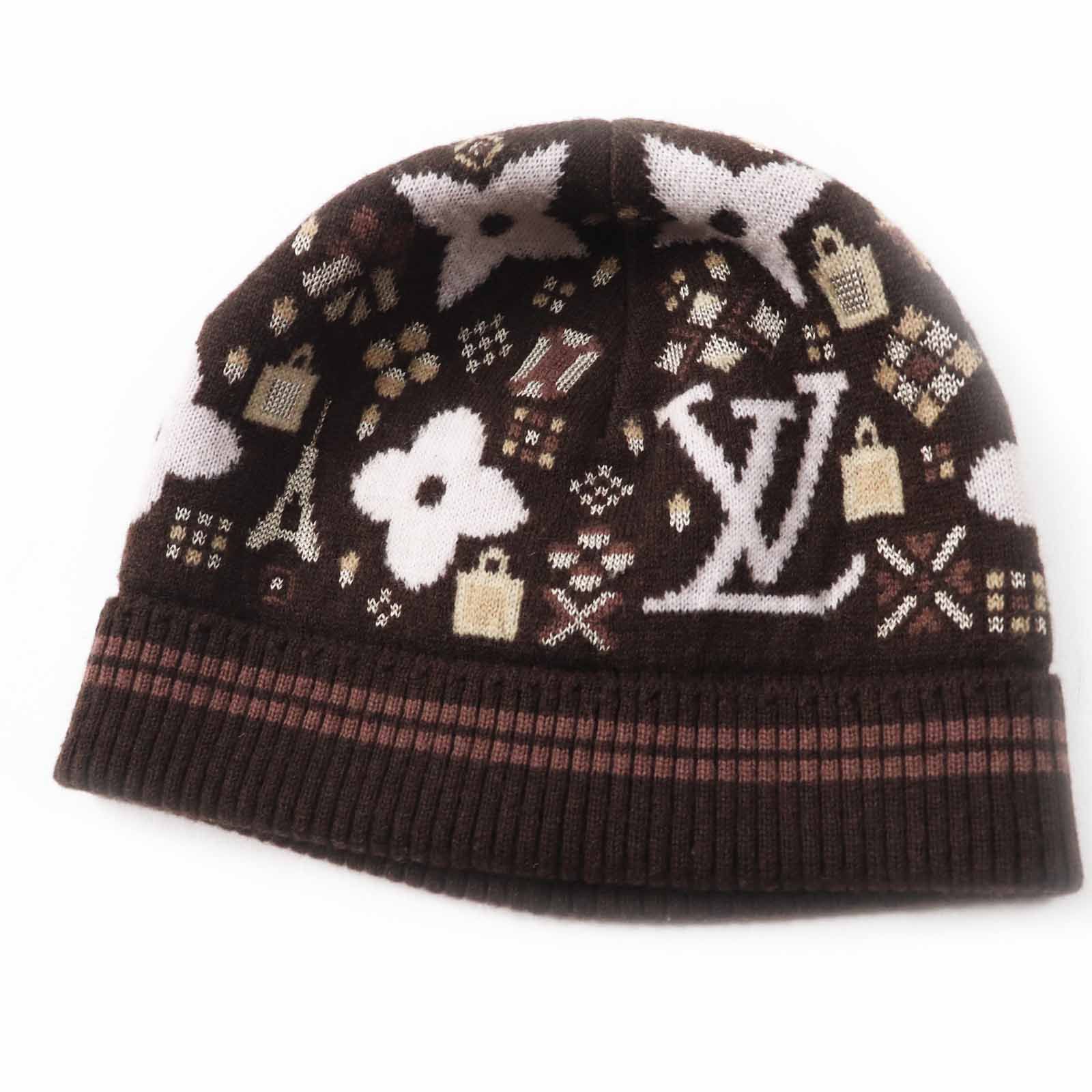 ◎LOUIS VUITTON ルイヴィトン 410477 LVロゴ 総柄 ニットキャップ ニット帽 ブラウン系 TU イタリア製 レディース