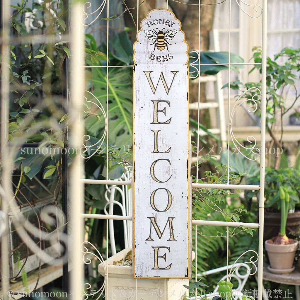 ガーデン雑貨 看板 8-14 シャビー加工 ガーデンインテリア ガーデンサイン 木材 インテリア シャビーシック おしゃれ お洒落 ヨーロッパ風 雑貨 庭の装飾 ガーデニング ウェルカムサイン ホワイト WELCOME ガーデン ヴィンテージ調