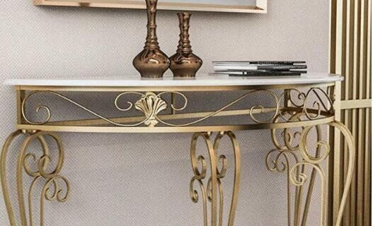ゴールドアイアン×大理石風天板 コンソールテーブル アンティーク調 半円型 大理石天板のゴールドコンソールテーブル 半円 高さ85cm | アイアン