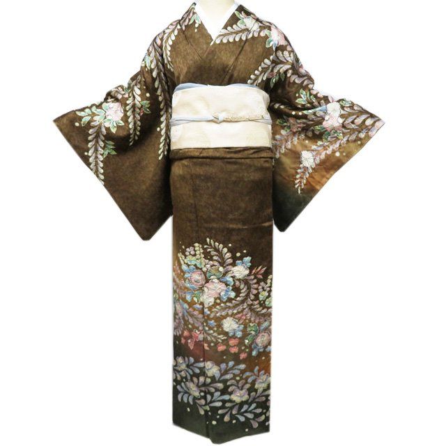 訪問着 着物 中古 正絹 袷 花の図 辻が花 絞り 銀通し M A1134-8