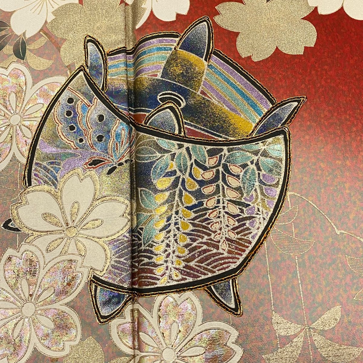 振袖 身丈160.5cm 裄丈68.5cm L 袷 糸巻き 桜 金糸 金彩 茜色