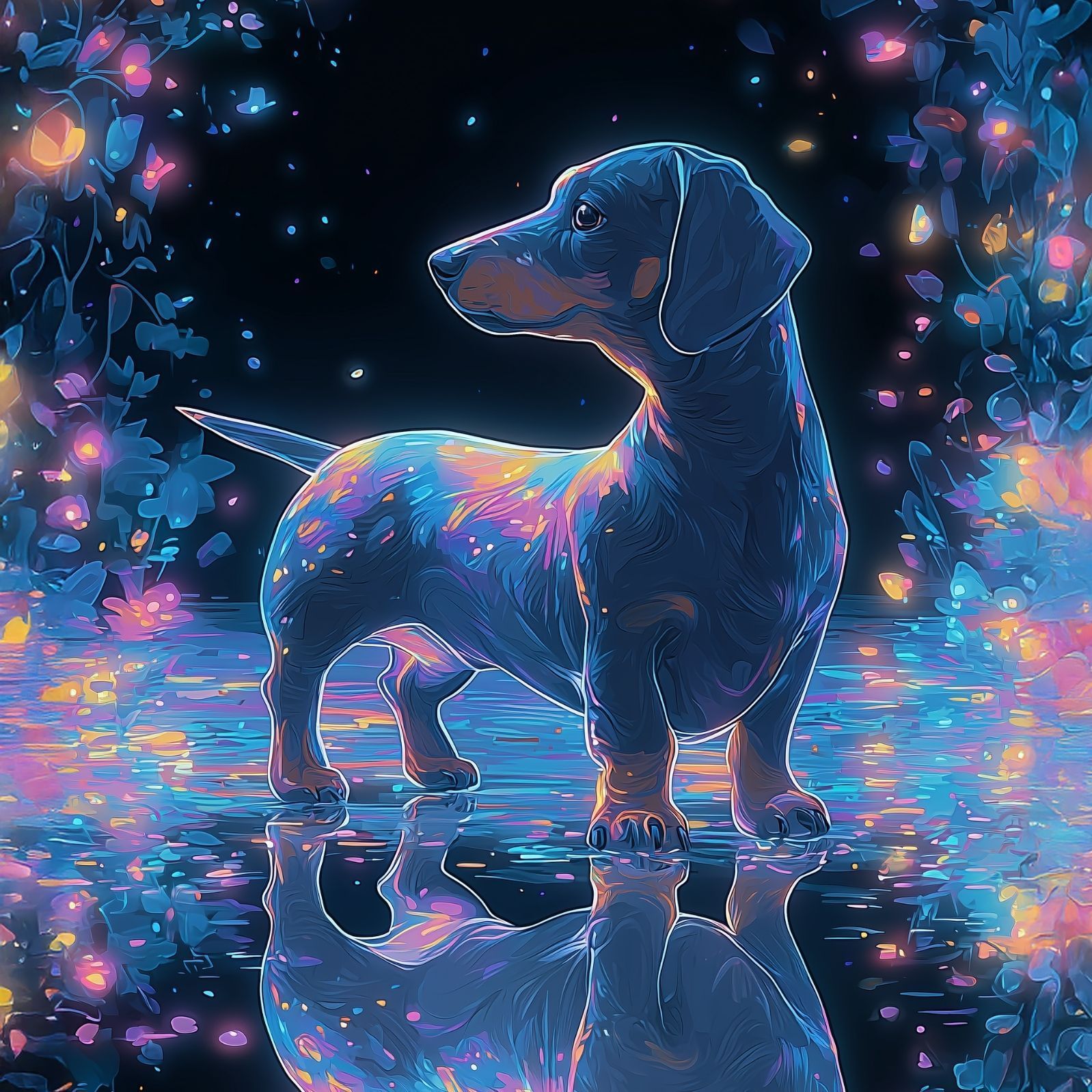 名入れOK リフレクション - ダックスフンド犬 No.3 アートポスター ペットロス うちの子記念日 北欧 ナチュラル モダンインテリア