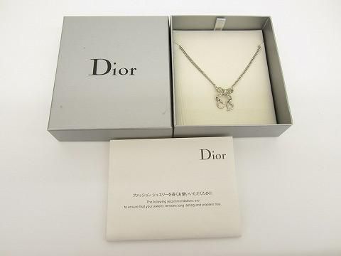 ディオール Dior メタル ラインストーン リボン CDロゴ ネックレス シルバー レディース