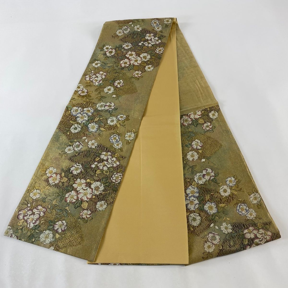袋帯 美品 秀品 やまと 扇面 草花 箔 ベージュ 六通 正絹 【中古