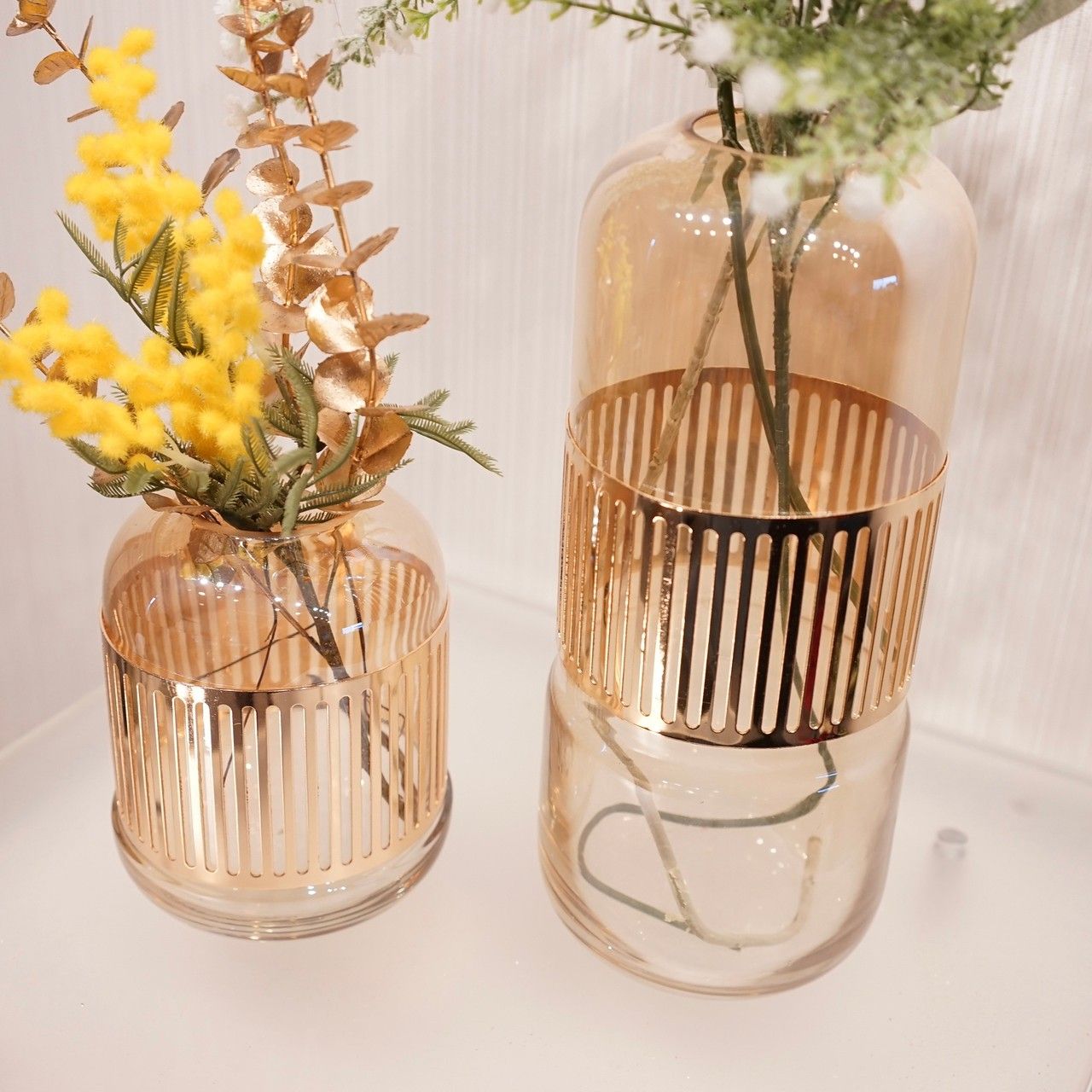 輸入品 フラワーベース ガラス 2個セット 造花付き 花瓶 モダン 輸入品 フラワーベース ガラス 2個セット 造花付き 花瓶 モダン