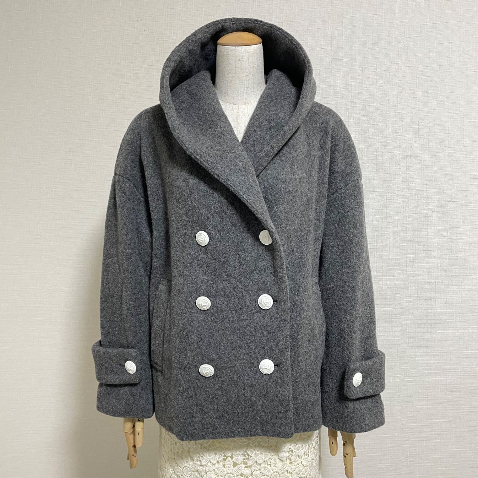 【美品】ビアズリー★ウール100% アンカーボタン フーデッド ピーコート F 美品】 BEARDSLEY ビアズリー◎ウール100% アンカーボタン