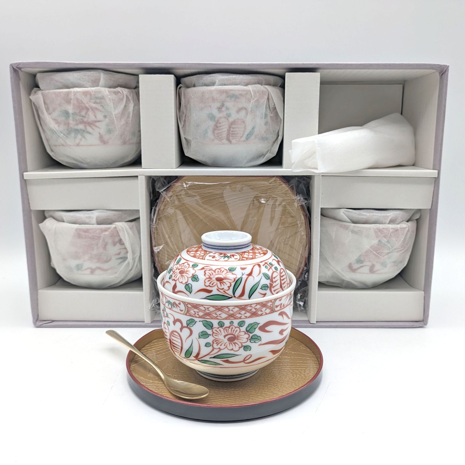 有田焼・喜峰窯・蓋付鉢・赤絵・和食器・5客揃・No.241231-03・梱包