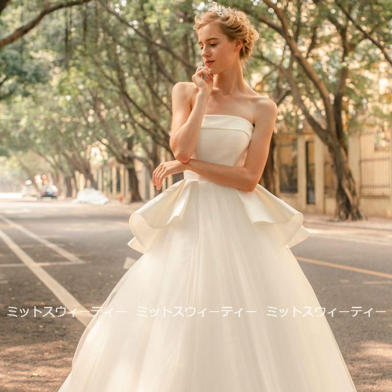 ウェディングドレス 花嫁 二次会 ビスチェドレス ペプラム ウエディングドレス 結婚式 ロングドレス Aライン トレーン 海外挙式 披露宴 ブ