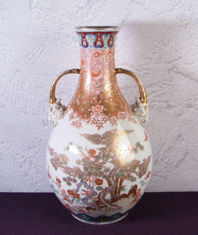 古伊万里 献上手 染錦・金襴手 象耳花入 高さ：28cm 桐箱付 江戸