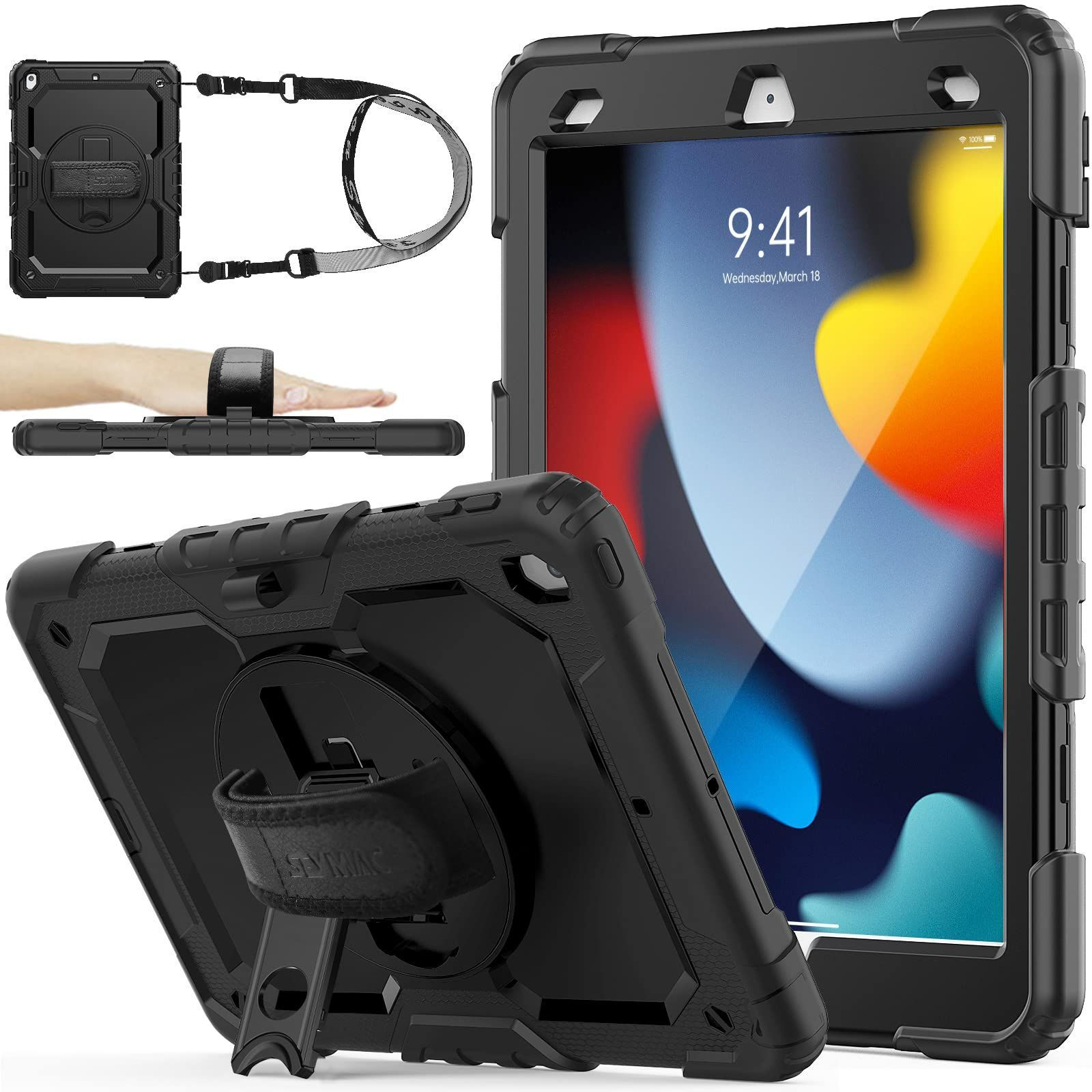 ケース 耐衝撃 第9/8/7世代 保護フィルム付き ペン収納 10.2インチ 360回転スタンド iPad ハンドストラップ ショルダーストラップ stock 全面保護カバー SEYMAC (ブラック)