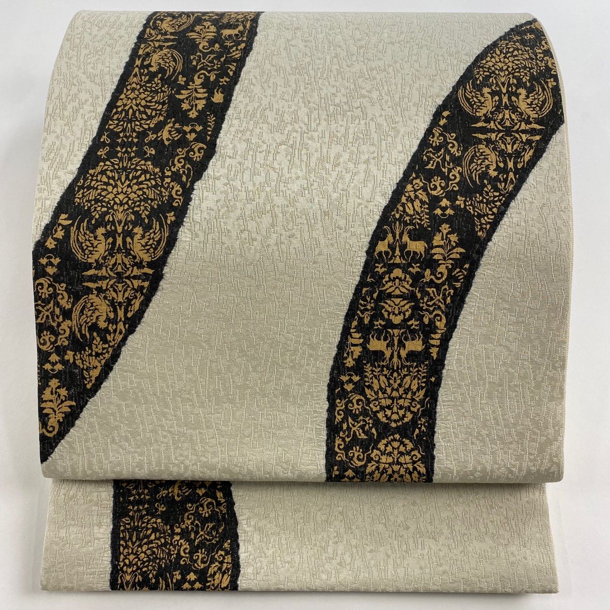 袋帯 秀品 落款 やまと 樹下双獣文 金糸 金彩 ベージュ お太鼓柄 正絹