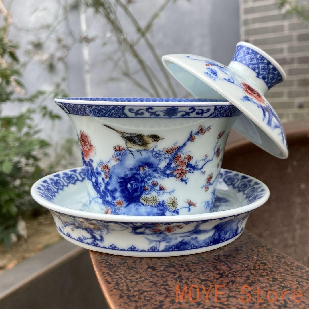 中国茶器 景徳鎮 陶磁器 青花馬蹄三才蓋碗 喜上眉梢 茶碗 煎茶器 新品未使用 中国茶器 景徳鎮 陶磁器 青花馬蹄三才蓋碗 喜上眉梢 茶碗 煎茶器 新品