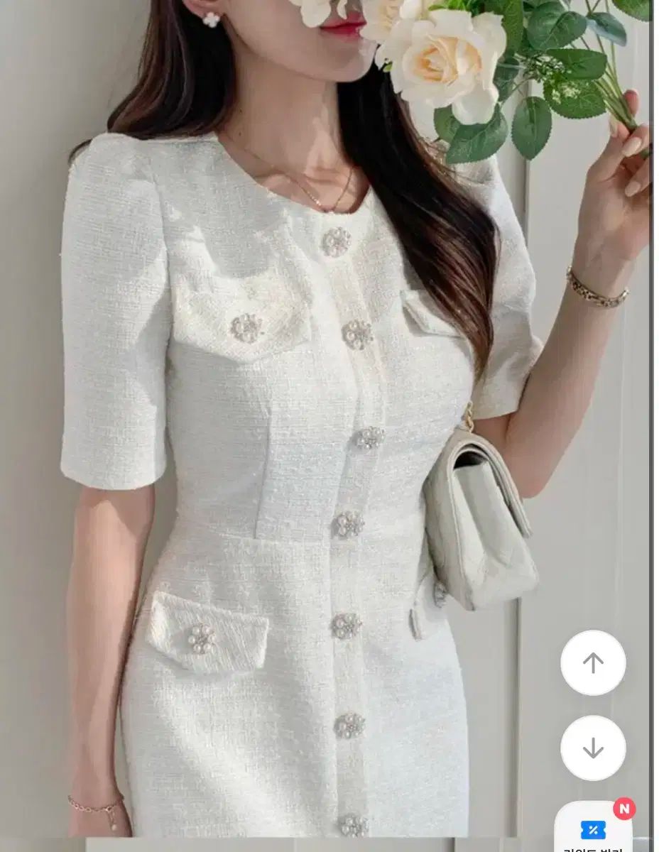 S ラウンドネック パフ 袖 ツイード 5 富 ミディ パール ボタン キュービック ワンピース