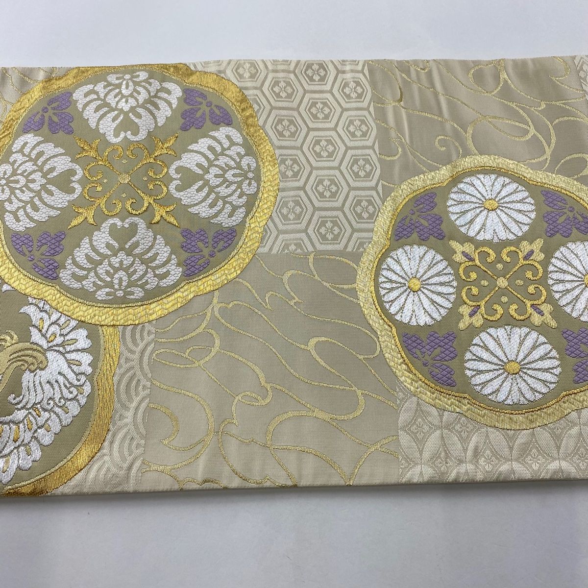 ［六通］袋帯　中古美品　440cm   O-194 袋帯 美品 秀品 桜 箔 青灰色 六通 正絹 【中古】
