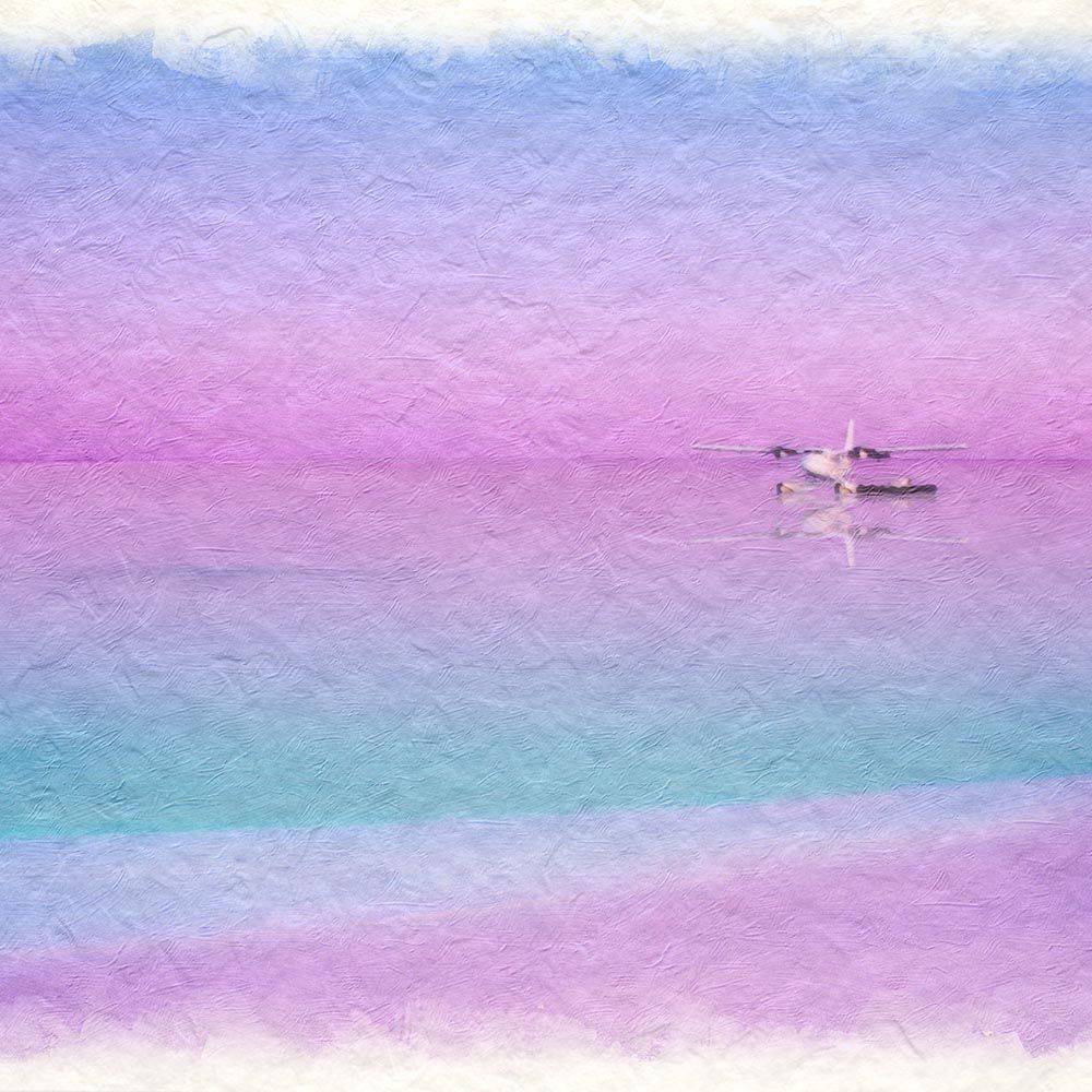 和紙の絵写真 「珊瑚礁の夕暮れの水上飛行機」 パネル付き 48x33cm