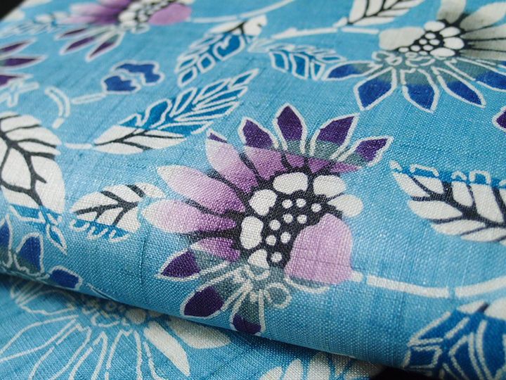 夏帯 名古屋帯 本大麻帯 和染紅型 栗山吉三郎 本麻 横段 菊 空色 九寸