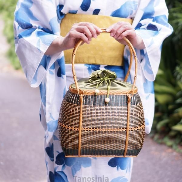 竹編みバッグ グリーン 幅27cm サテン内布付き 浴衣 和装 竹かご カゴ 