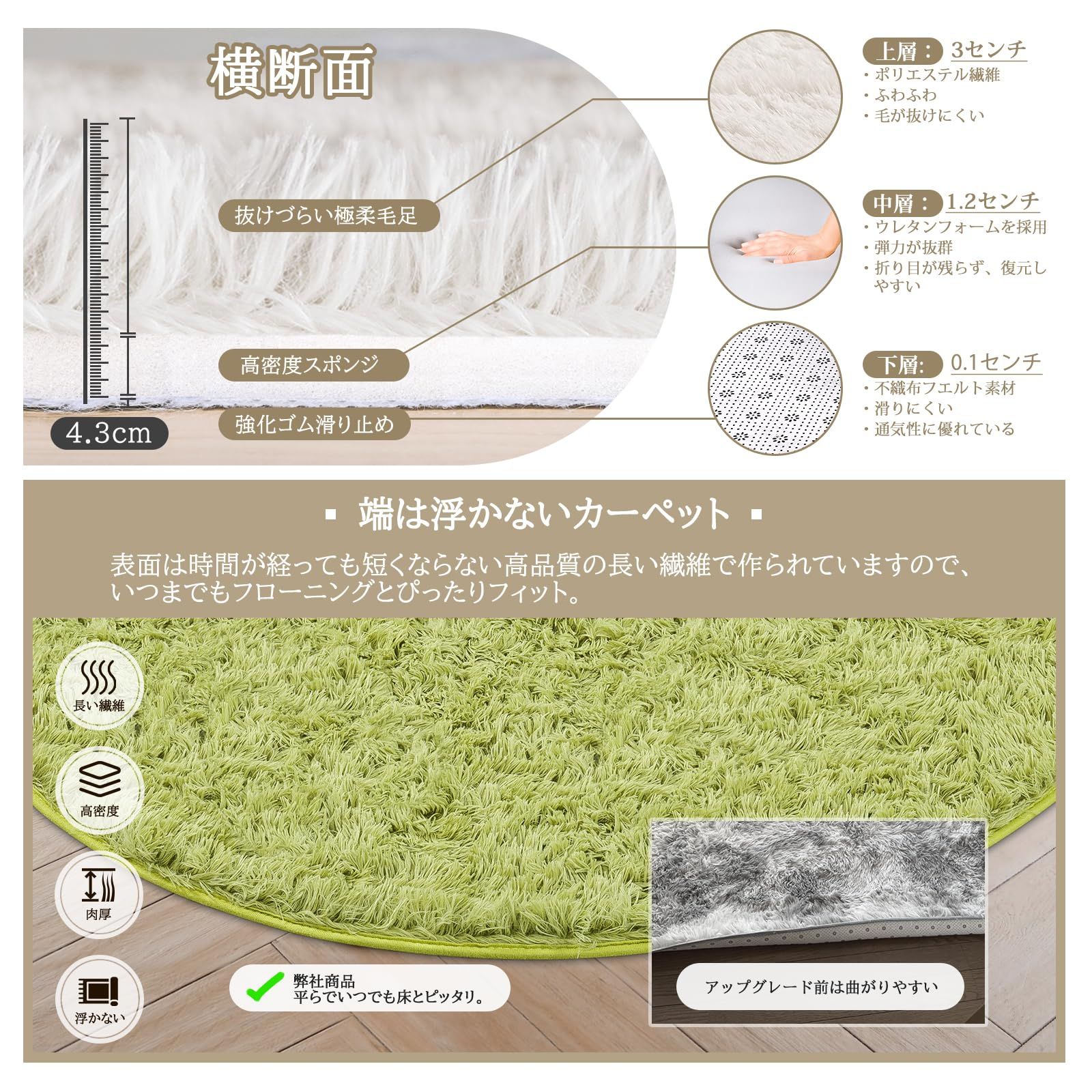 Beddiny カーペット ラグ ラグマット 洗えるラグ 中層 厚30D高密度ウレタン 独自技術の抗菌防臭加工 絨毯 オールシーズン快適に使用 滑り止め付き 高密度シャギーラグ グリーン 185×185cm