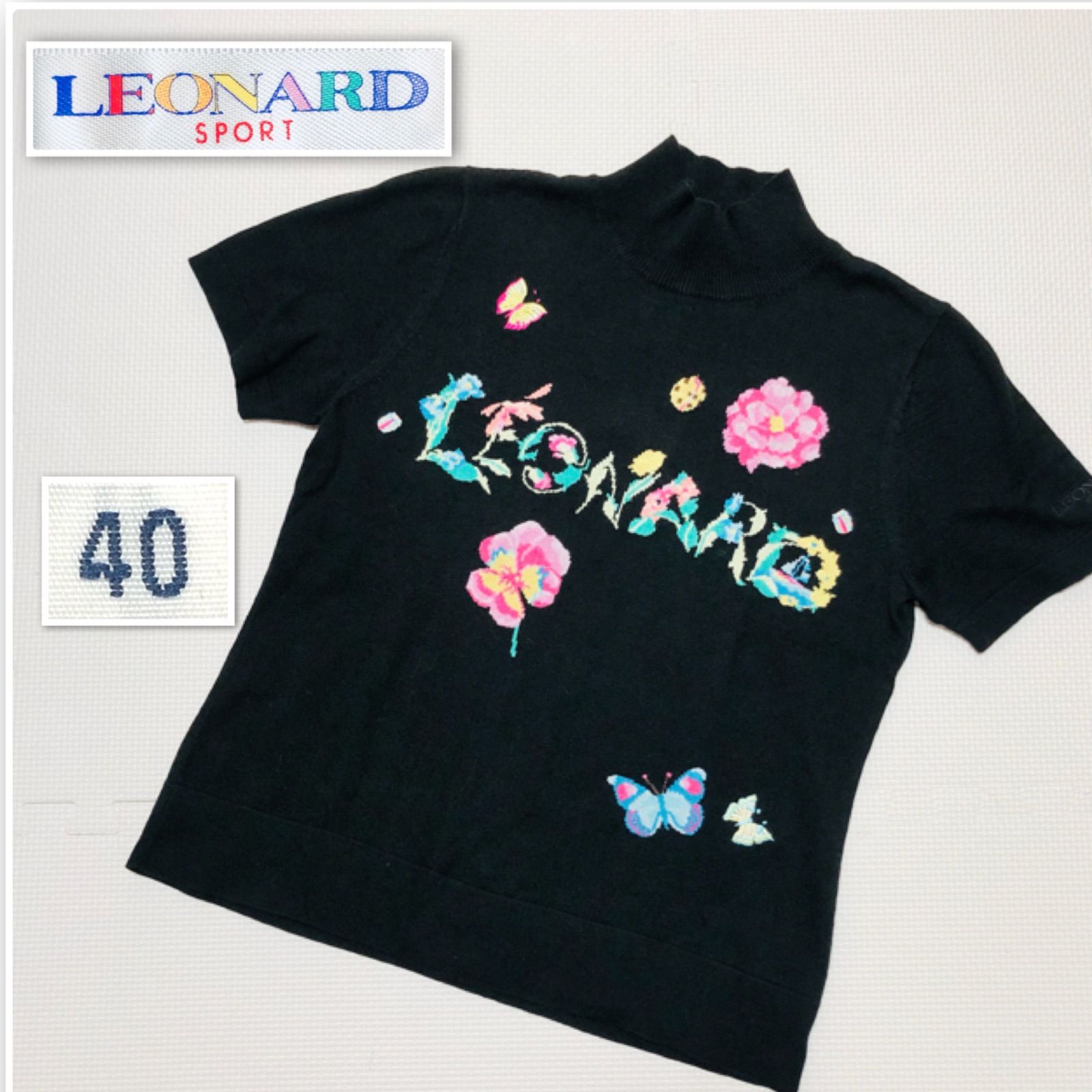 シルク混 レオナール 半袖セーター ニット 花柄 レオパード柄 ハイネック □極上美品□希少カシミヤ&シルク混□LEONARD SPORT レオナール