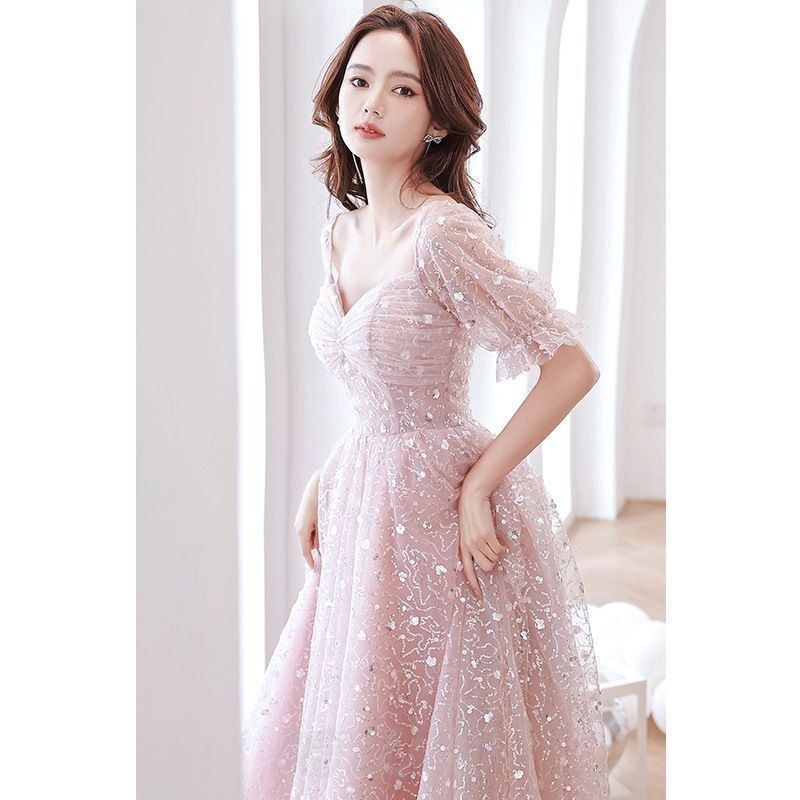 送料無料 ピンクミディドレス レディースパーティー誕生日在逃プリンセス風高腰Aライン礼服WP今だけ 109