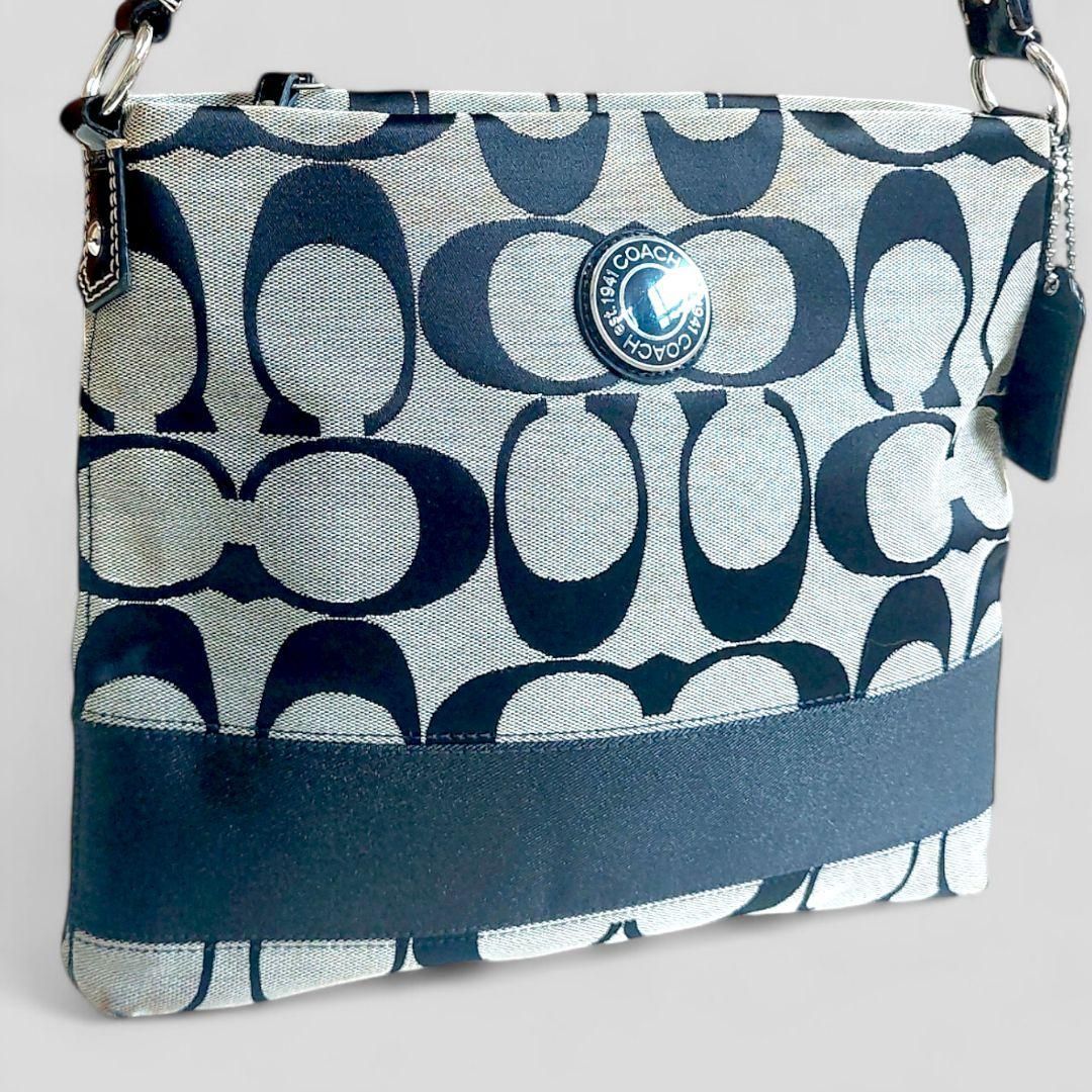 良品 COACH コーチ ショルダーバッグ シグネチャー ストライプ 黒