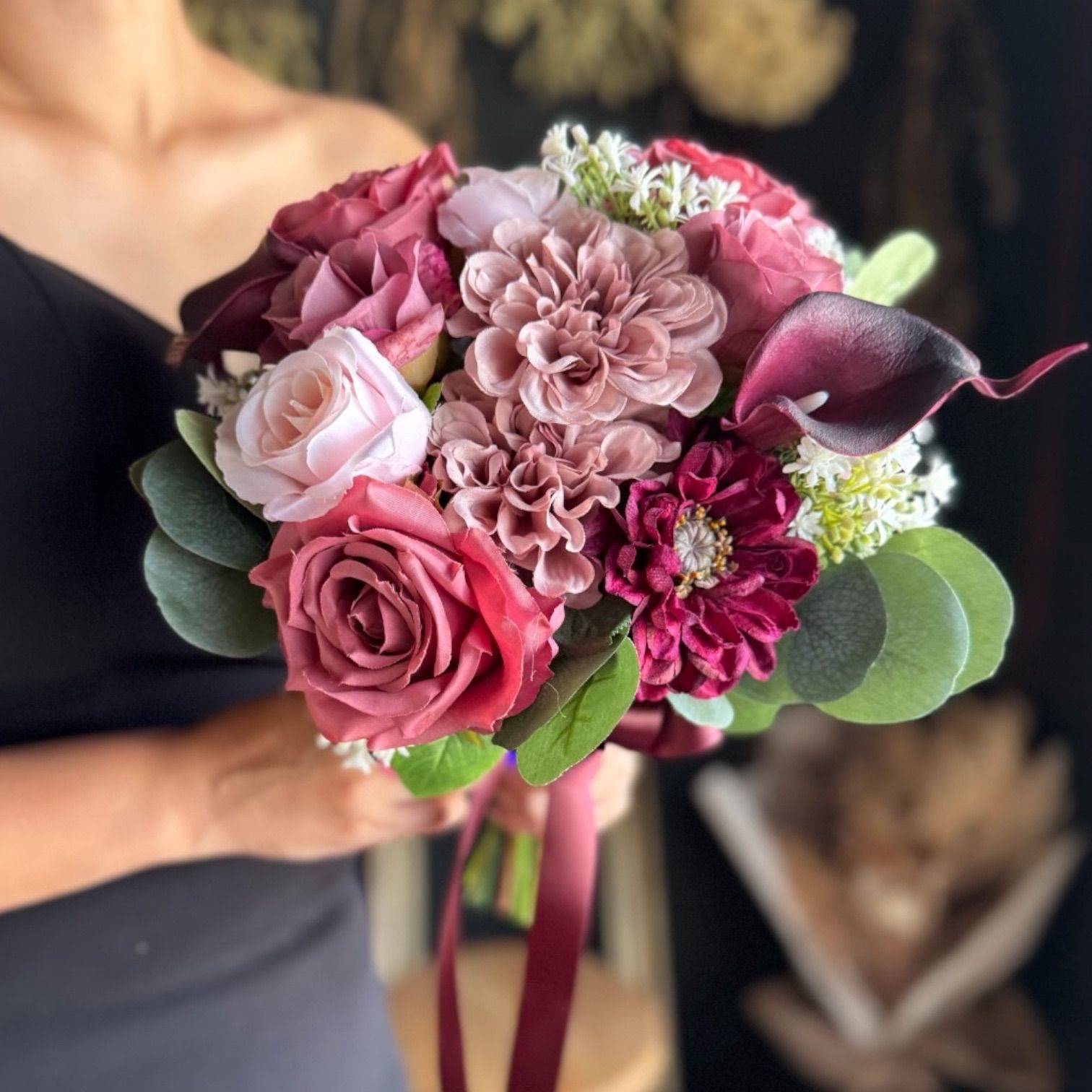 パンパスグラスとルリタマアザミのウェディングブーケ＆ブートニア