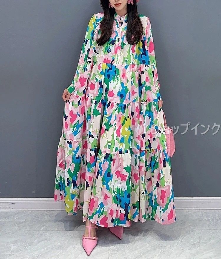 ワンピース プリント シャツドレス 長袖 ロング カラフル スタンド フルスリーブ Aライン シック フラワー 春