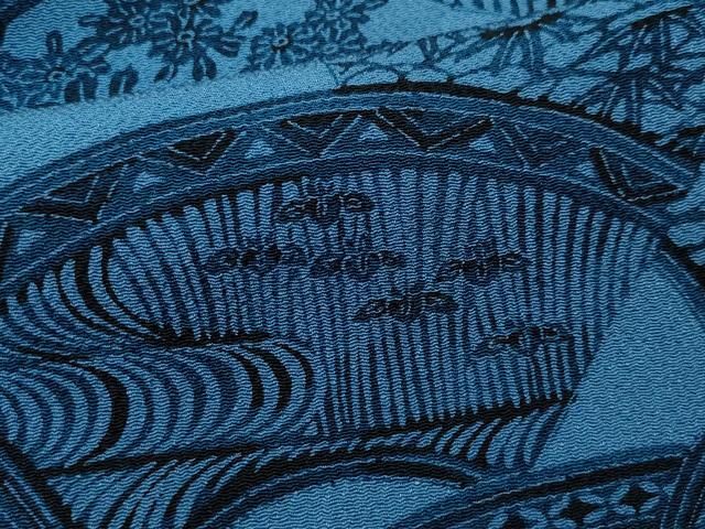平和屋着物○上質な小紋 藍 型染め 地紙風景草花文 鬼しぼ縮緬 正絹