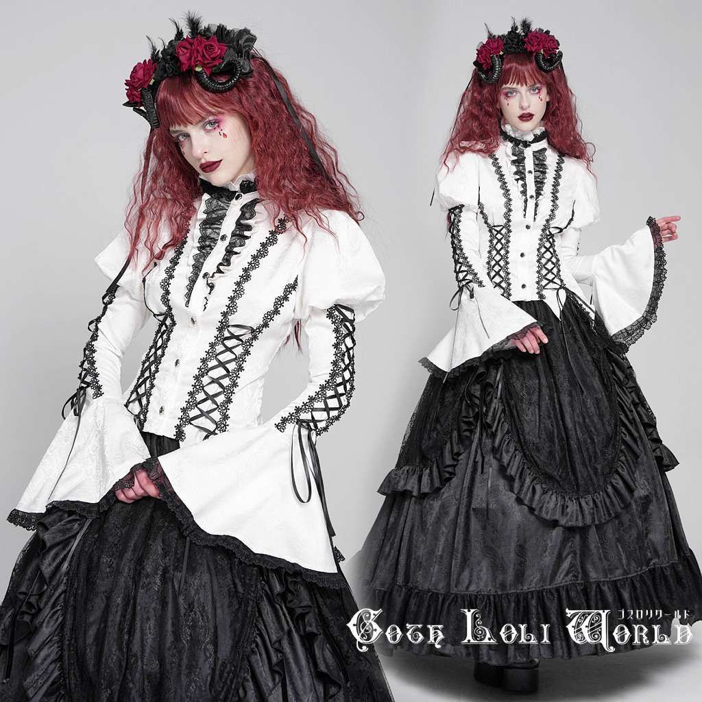 お茶会　ゴシック　2カラーブロック　 ロリィタブラウス　ピュアコットン　長袖　スタンドカラー | [cnstone] ロリータ ブラウス シャツ 姫袖 夏 半袖 ホワイト