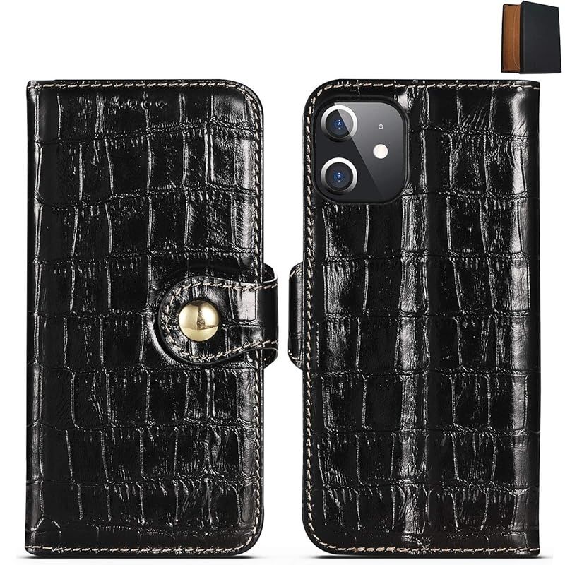 新品　【.co.jp 】iPhone 12 mini 用 ケース 手帳型 レザー クロコダイル 本革 Qi対応 スマホケース 【NorthFaceやTimberlandも採用 ISA社最高級ドイツレザー】 MeisterCraft [ブラック ギフト箱付き] 