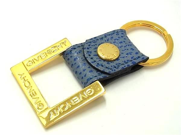 ■美品■ GIVENCHY ジバンシィ レザー キーホルダー キーリング バッグチャーム アクセサリー レディース ゴールド系×ブルー系 DK2540