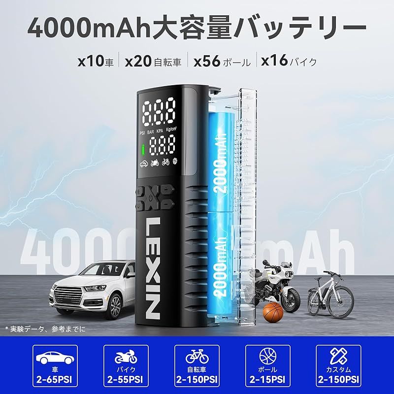 LEXIN 空気入れ 自転車 電動 エアーポンプ コードレス 最大150PSI 自動