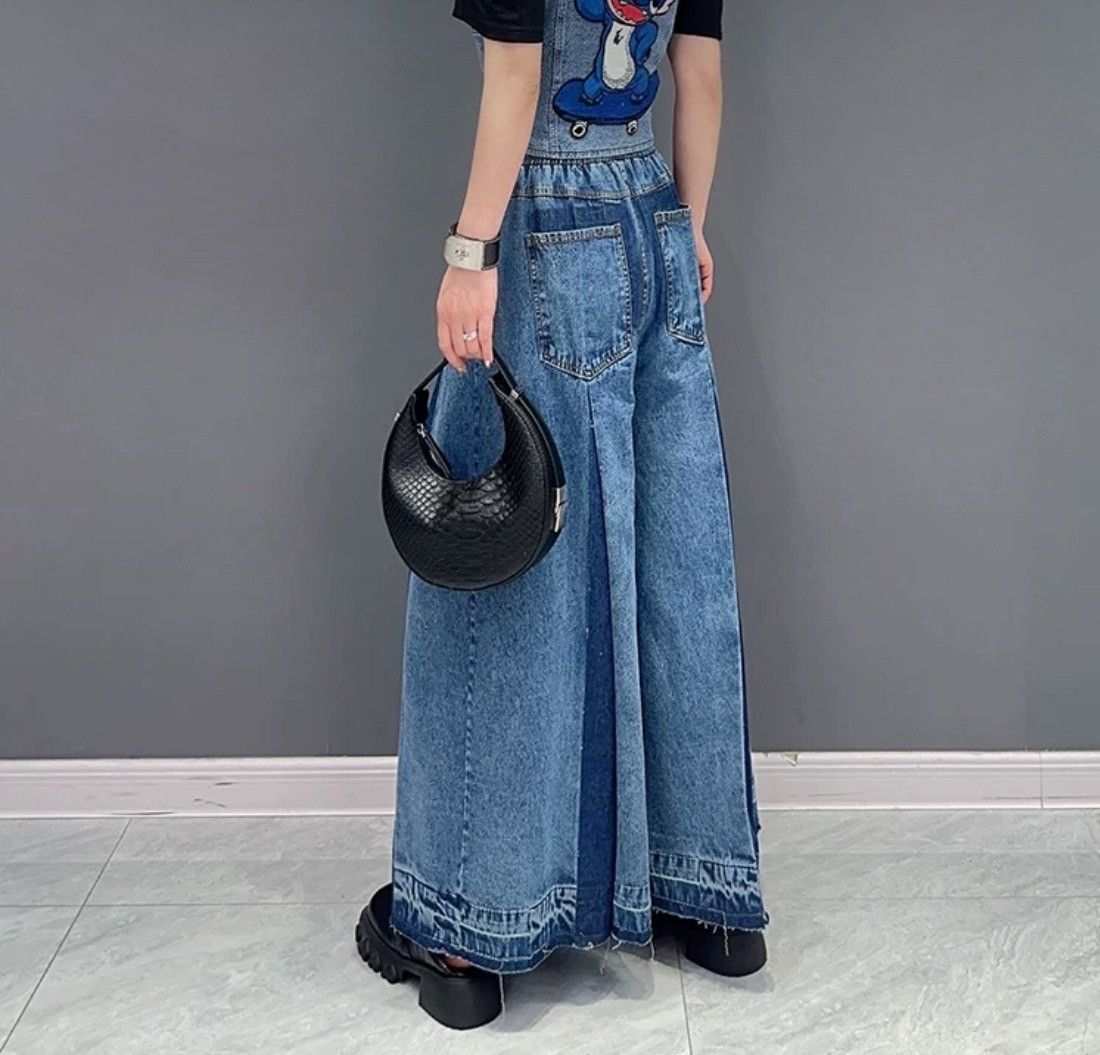 デニムワイドレッグパンツ バイカラーブロック ジーンズ4052907