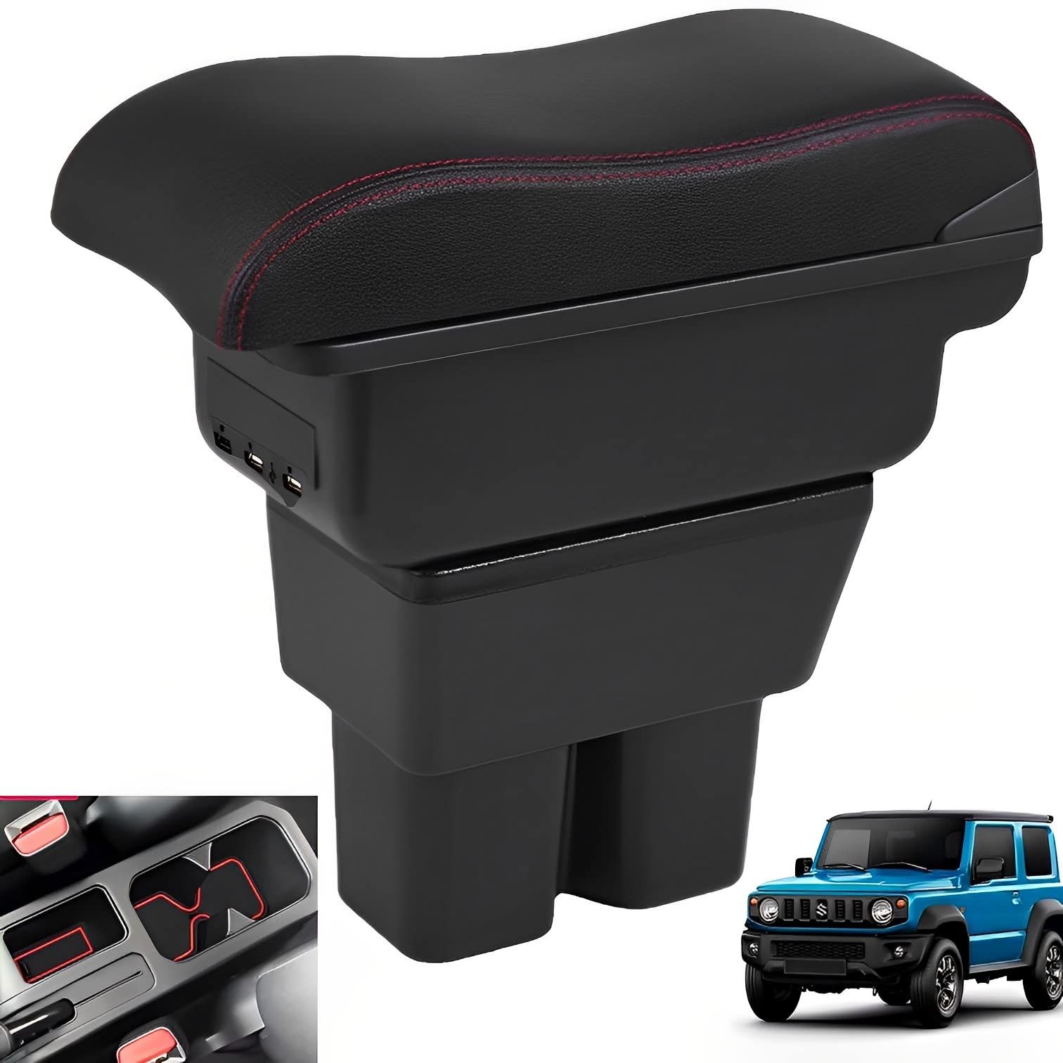 MIMIA ジムニー jb64 アクセサリー スズキ 新型ジムニー JB64W |JB74W アームレスト 車内収納コンソールボックス スライド式 ドリンクホルダー機能搭載 肘掛け 肘置き トレイ内蔵 大容量 長距離ドライブ JIM 7USB レッド