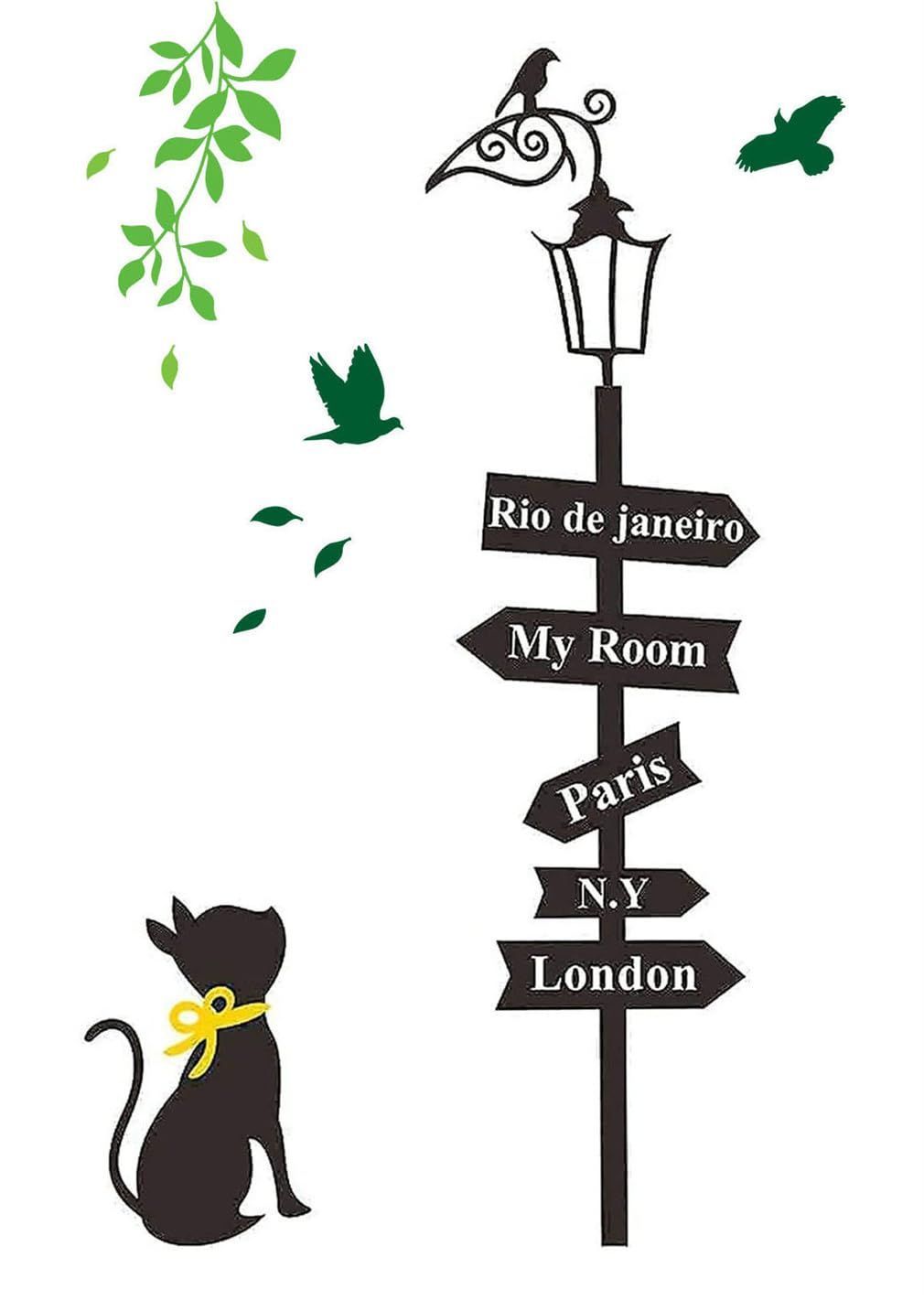 インテリア 店舗装飾 リビング 黒 玄関 モノクロ 廊下 道標 壁紙 鳥 シール ウォールシール 黒猫 子供部屋 猫と街灯 幼稚園 ウォールステッカー 保育園用 Chirstseason ブラック