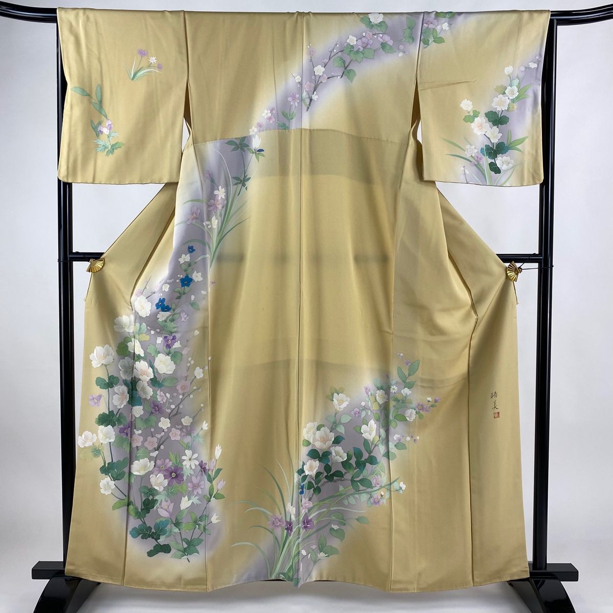 訪問着 身丈160.5cm 裄丈66.5cm M 袷 落款 枝梅 草花 ぼかし ベージュ 正絹 名品