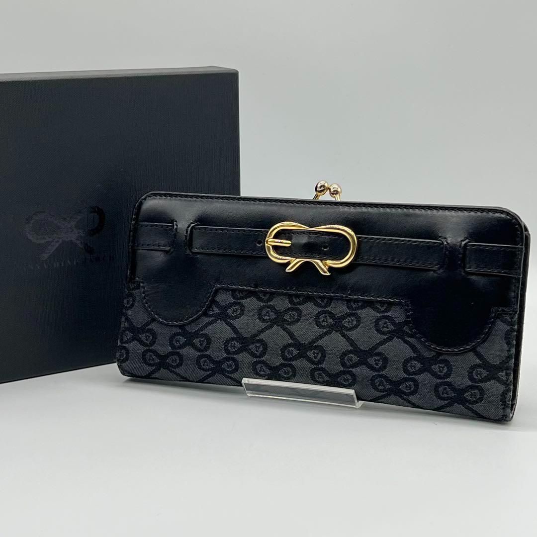 【美品】ANYA HINDMARCH 長財布 がま口 リボン柄 レディース 美品】ANYA HINDMARCH 長財布 がま口 リボン柄 レディース