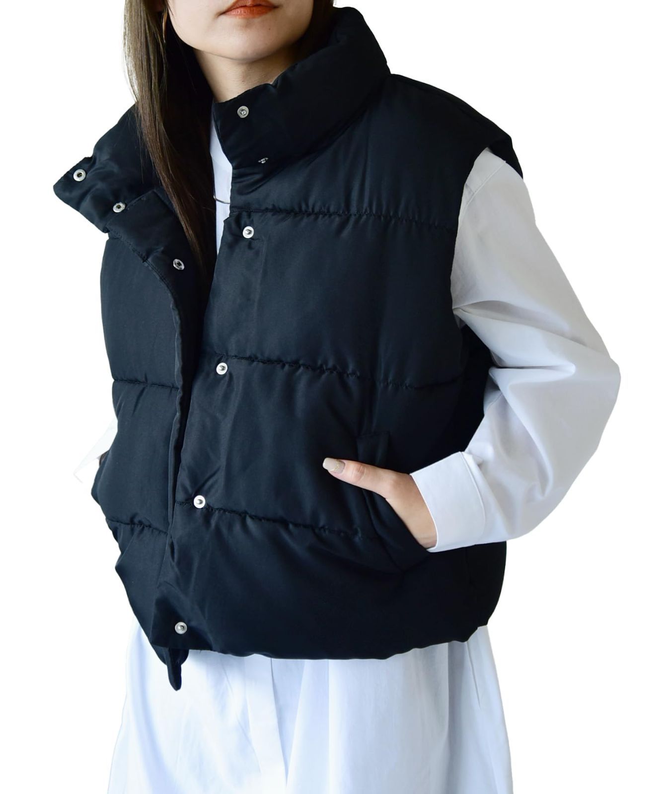 Size M_Color ブラック アンドイット コンパクトスタンド フェイクダウンベスト アウター レディース ジャケット ボリューム 袖なし レイヤード M ブラック
