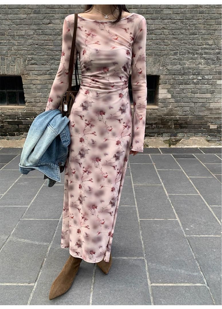 レディース花柄×フレンチローズワンピース 夏秋モテ服