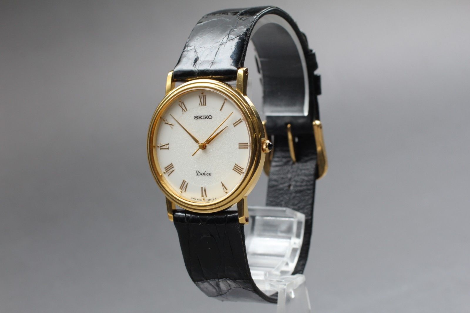 セイコー SEIKO ドルチェ Dolce 8N41-7030 メンズ 腕時計 ゴールド クオーツ 日本製 ブラックレザーベルト ローマンインデックス ヴィンテージ