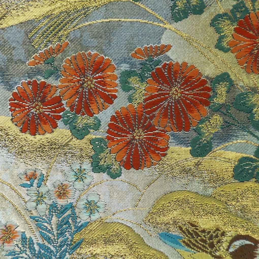 袋帯 美品 秀品 落款 菊 牡丹 箔 刺繍 金色 六通 正絹 【中古