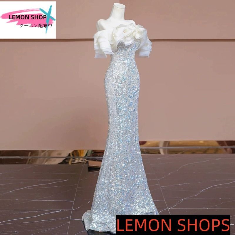 ♥輝くスパンコール魚尾イブニングドレス ウェディングドレス 2025 感溢れるオフショルダー＆フリル長袖演奏会ドレス 花嫁 二次会 フォトウェディング向け 結婚式 披露宴 二次会 前撮り フォトウェディング 成人式 卒業式 入学式LEMON CAMPINGPARCCENTRAL_COM