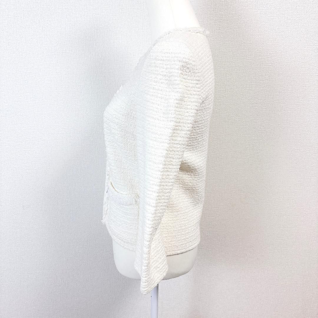美品】 FOXEY ノーカラージャケット 40 オフホワイト ツイード ニット