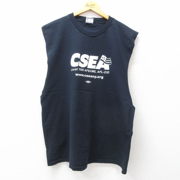 XL/古着 ノースリーブ ビンテージ Tシャツ メンズ 90s CSEA 大きいサイズ ロング丈 コットン クルーネック 濃紺 ネイビー 25jul26 