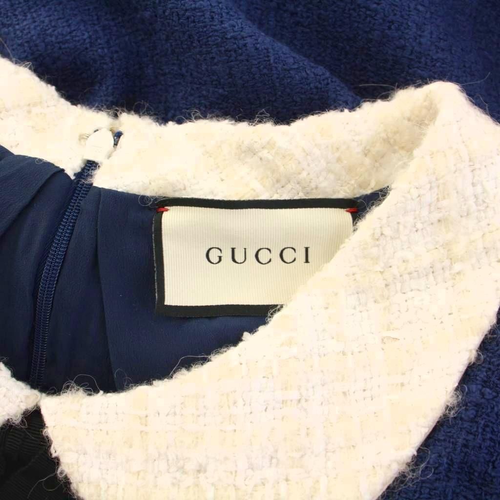 ★はちがつ★GUCCI ネイビー リボン付き ワンピース グッチ GUCCI ツイードワンピース 半袖 ひざ丈 GGボタン リボン